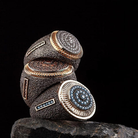 Image of Ottoman Textured Pencil Ottoman Textured Pencil 925 Sterling Silver Ring With Sandblasting Black Texture Applied Decorated With Gemstones from Almas Collections