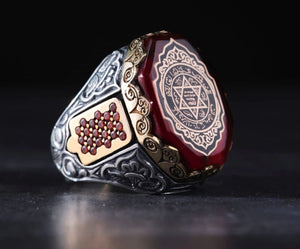  Solomon Seal Red Amber Stone Mens Ring, Seal of Solomon Turkish Aqeeq stone Rings from Almas Collections