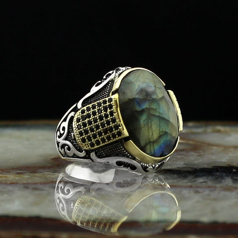 Image of Handmade Natural Labradorite Stone Ring For Men sizes 7-14 USA from Almas Collections