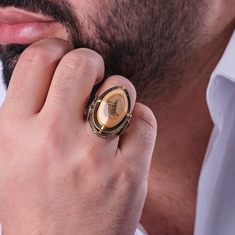 Image of Ottoman Tugra Amber Stone Carved 925 Sterling Silver Ring for Men from Almas Collections