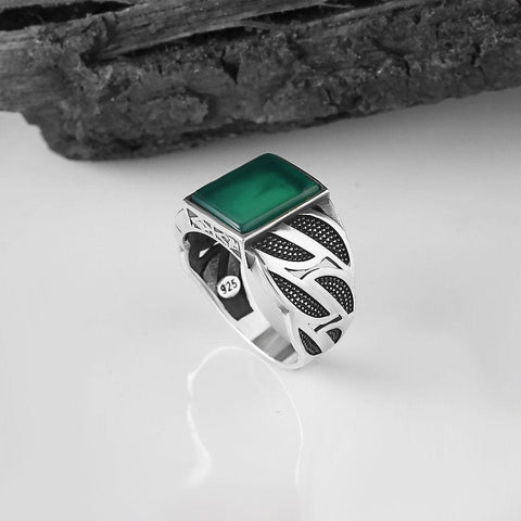 Image of Sterling Silver Ring 925 Natural GreenAgate Aqeeq Stone Rings for Men from Almas Collections