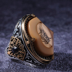 Ottoman Tugra Amber Stone Carved 925 Sterling Silver Ring for Men from Almas Collections
