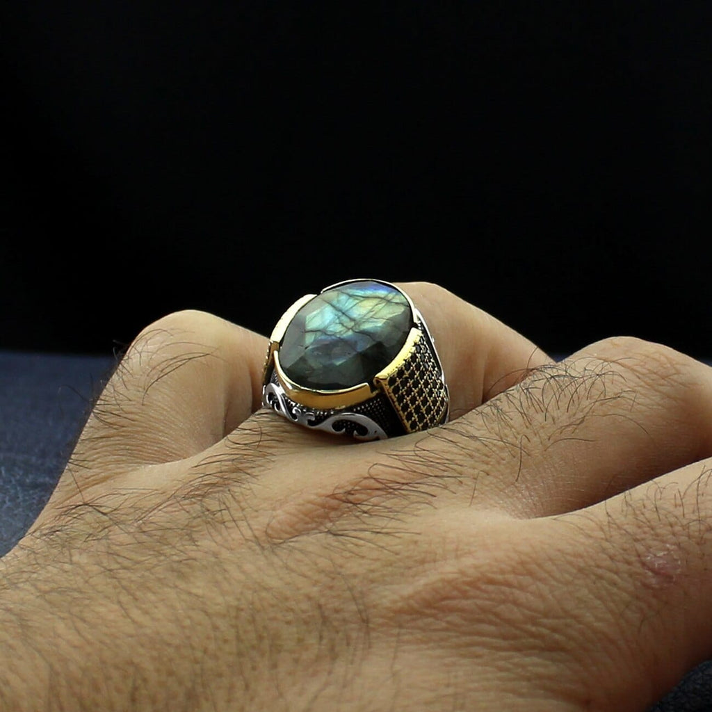 Handmade Natural Labradorite Stone Ring For Men sizes 7-14 USA from Almas Collections