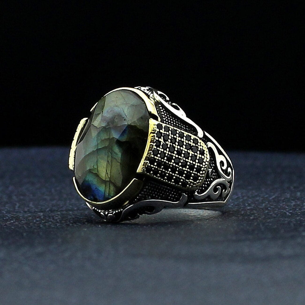 Handmade Natural Labradorite Stone Ring For Men sizes 7-14 USA from Almas Collections