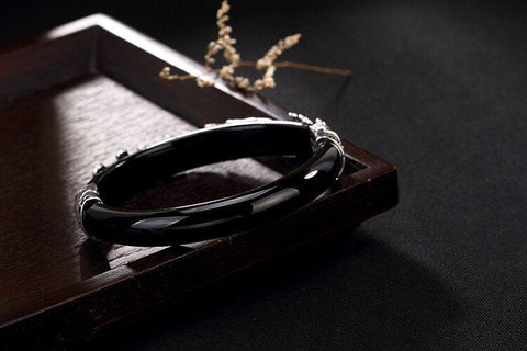 Image of Vintage Sterling Silver Black Stone Peacock Bangles Bracelets |  Vintage Sterling Silver Black Agate Stone Peacock Bangles Bracelets  | Vintage 925 Sterling Silver Bangles for Women  from Almas Collections
