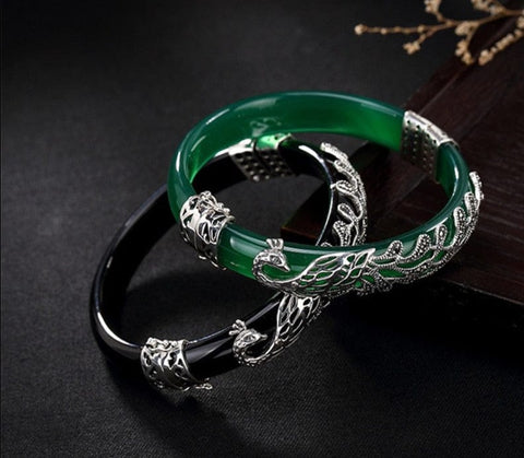 Image of Vintage Sterling Silver Black Stone Peacock Bangles Bracelets |  Vintage Sterling Silver Black Agate Stone Peacock Bangles Bracelets  | Vintage 925 Sterling Silver Bangles for Women  from Almas Collections