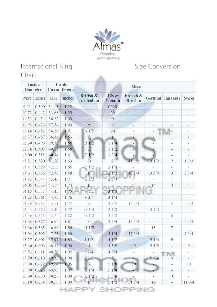 International Ring Size hart from Almas Collections