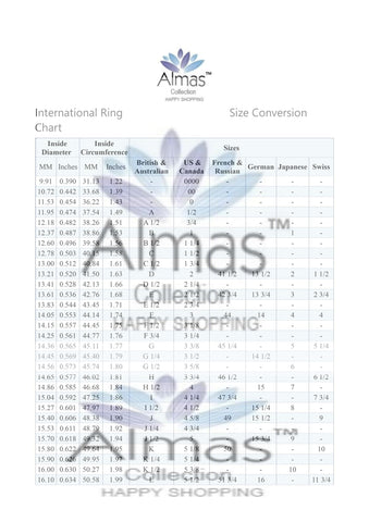 International Ring Size hart from Almas Collections