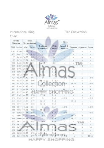 Image of International Rings size Chart from Almas Collections