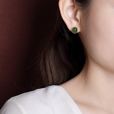 Image of Hotan Green Jade Jasper Oval Crown Studs Earrings for Women from Almas Collections