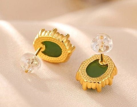 Hotan Green Jade Jasper Oval Crown Studs Earrings for Women from Almas Collections