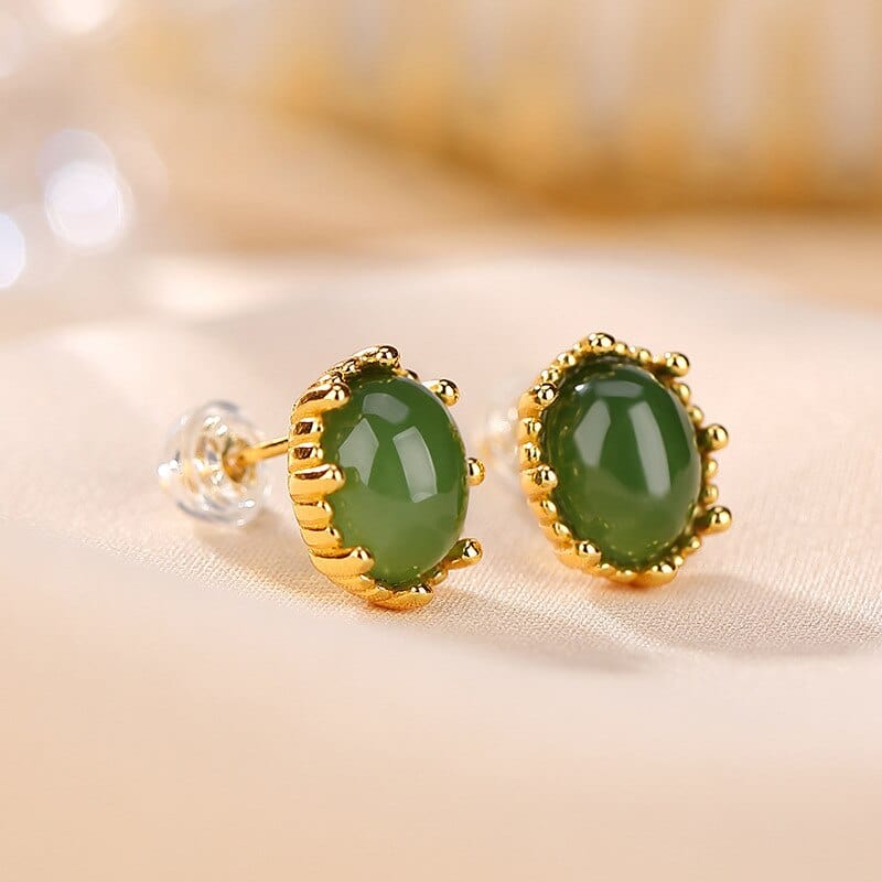 Hotan Green Jade Jasper Oval Crown Studs Earrings for Women from Almas Collections