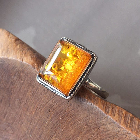 Image of Baltic Amber Natural Silver Golden Amber Flower Vintage Rings from Almas Collections