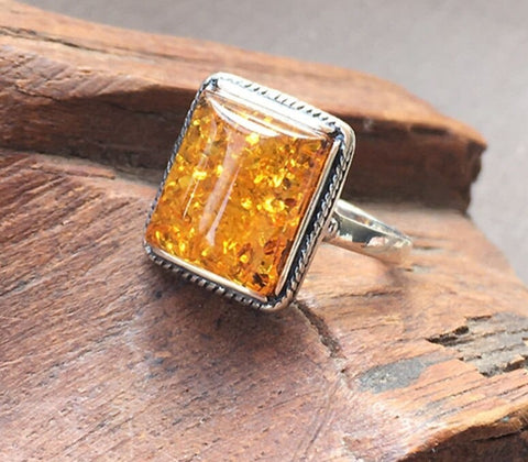 Baltic Amber Natural Silver Golden Amber Flower Vintage Rings from Almas Collections