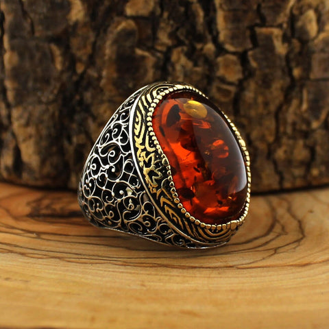 Image of Turkish 925 Sterling Silver Amber Stone Handcrafted Rings sizes 7 to 14 from Almas Collections