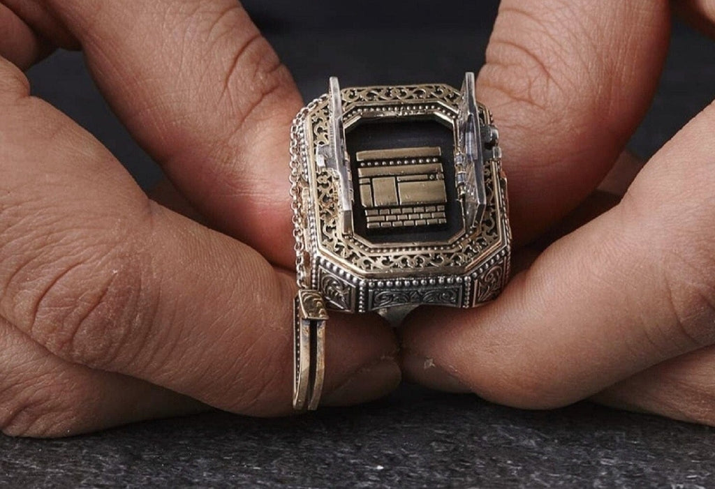 Handcrafted Kaaba Silver Men Rings in size 4 to 15 US front view with doors open from Almas Collections