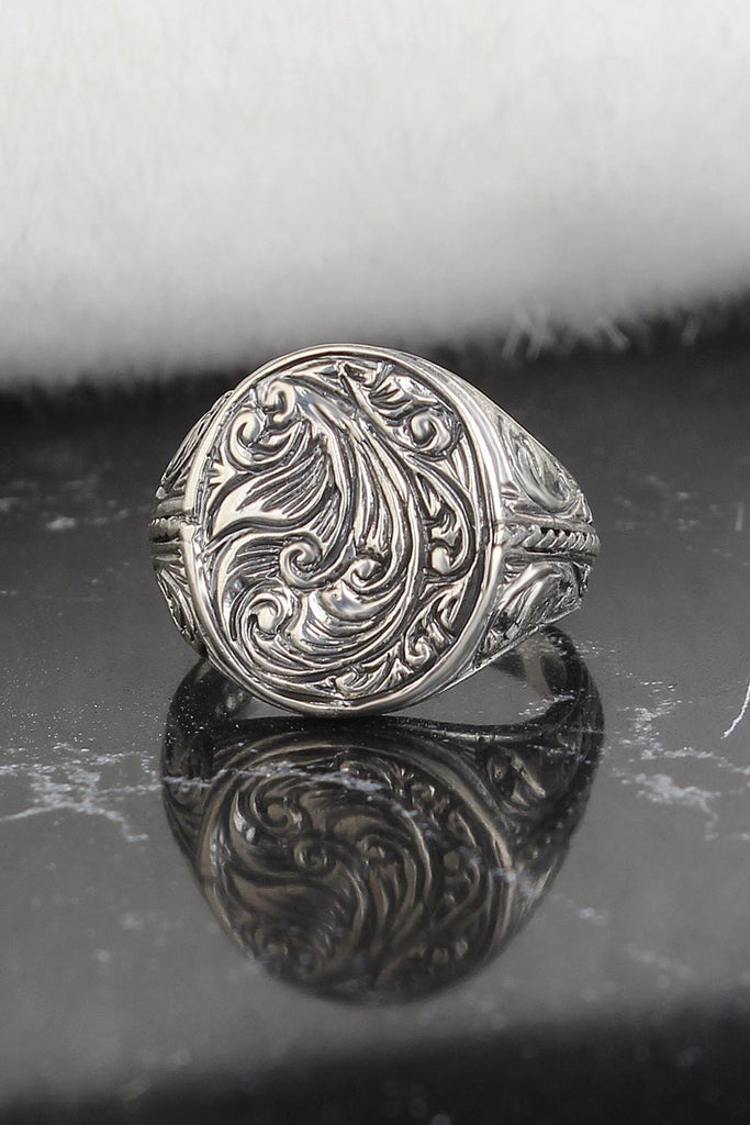 Boho Round Engraved Sterling Silver Handmade Ring for Men from Almas Collections