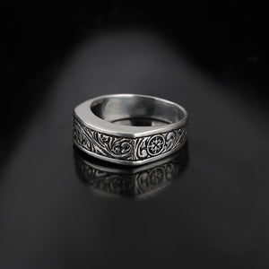 Boho Rectangle Engraved Sterling Silver Handmade Ring for Men