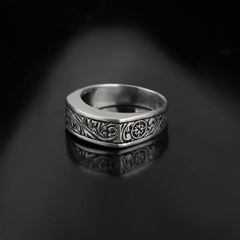 Image of Boho Rectangle Engraved Sterling Silver Handmade Ring for Men