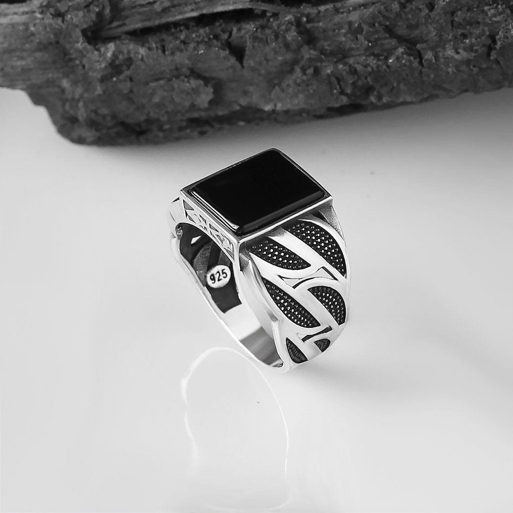 Sterling Silver Ring 925 Natural Black Onyx Agate Aqeeq Stone Rings for Men from Almas Collections