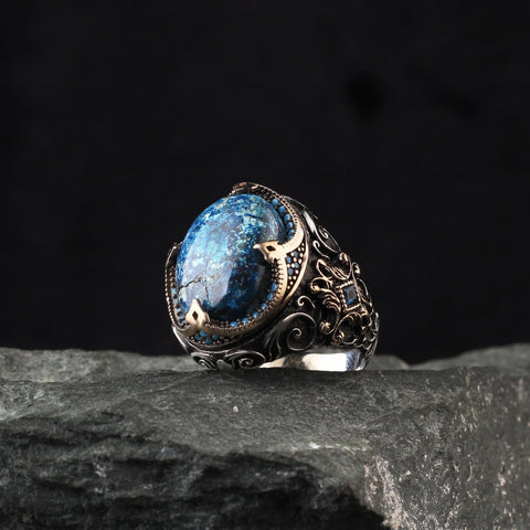 Sterling Silver Ring, Azurite Gemstone, Real Natural Stone Male Gift Accessories Jewelry in sizes 7-14 from Almas Collections