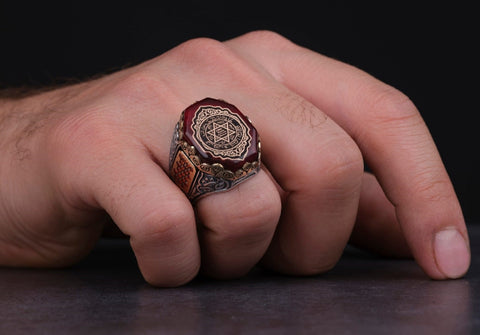 Image of  Solomon Seal Red Amber Stone Mens Ring, Seal of Solomon Turkish Aqeeq stone Rings from Almas Collections