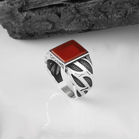 Image of Sterling Silver Ring 925 Natural Red Agate Aqeeq Stone Rings for Men from Almas Collections