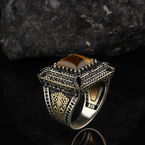 Image of New Handmade Engraved Sterling Silver Tiger Eye Aqeeq Stone Ring NS3 IS1 IS2