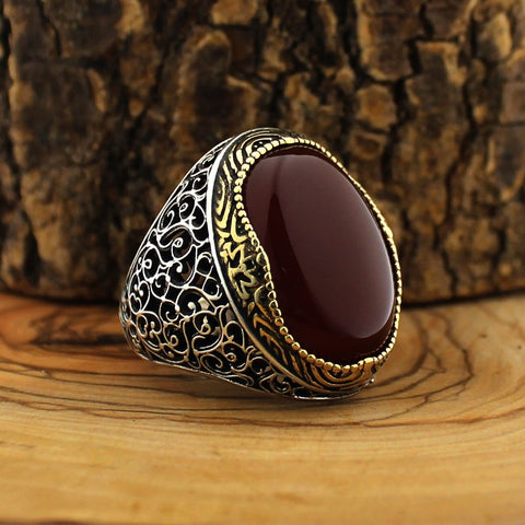 Image of Turkish 925 Sterling Silver Maroon agate Aqeeq Stone Handcrafted Rings sizes 7 to 14 from Almas Collections