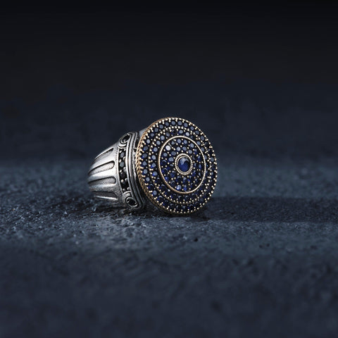 Image of 925 Sterling Silver Navy Blue Sapphire Stone Sterling Silver Ring, Column Patterned Ring, Embellished with Black Onyx Stone from Almas Collections