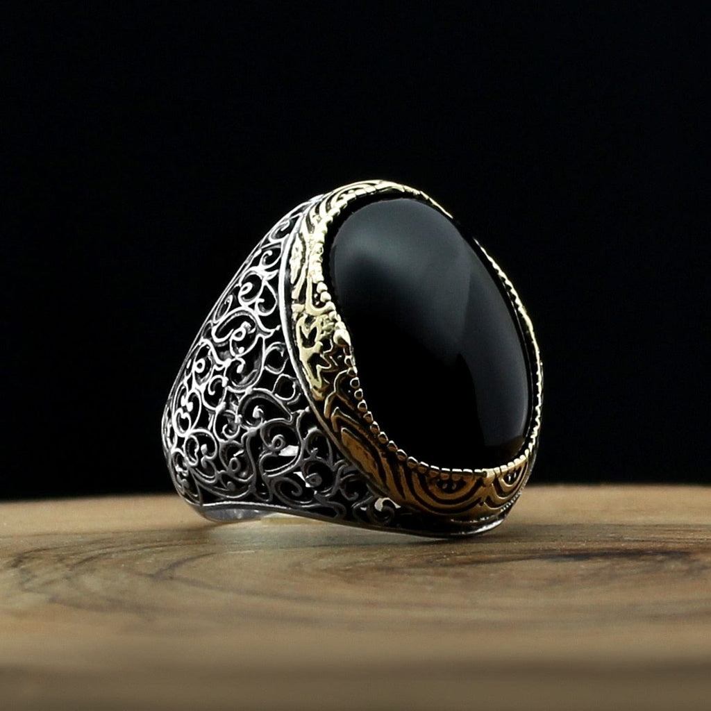 Turkish 925 Sterling Silver Black Onyx Aqeeq Stone Handcrafted Rings sizes 7 to 14 from Almas Collections