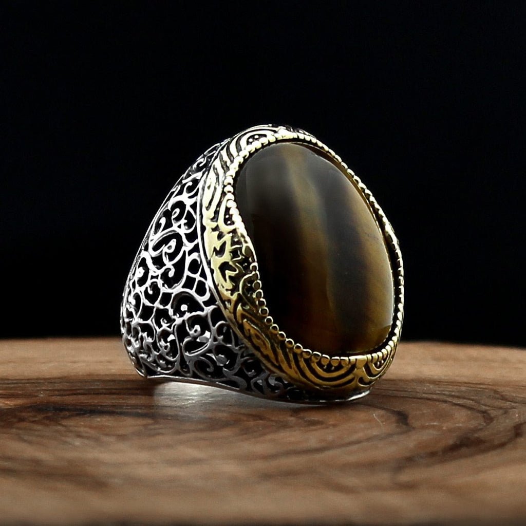 Turkish 925 Sterling Silver Tiger Eye Aqeeq Stone Handcrafted Rings sizes 7 to 14 from Almas Collections