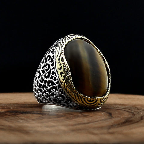 Image of Turkish 925 Sterling Silver Tiger Eye Aqeeq Stone Handcrafted Rings sizes 7 to 14 from Almas Collections
