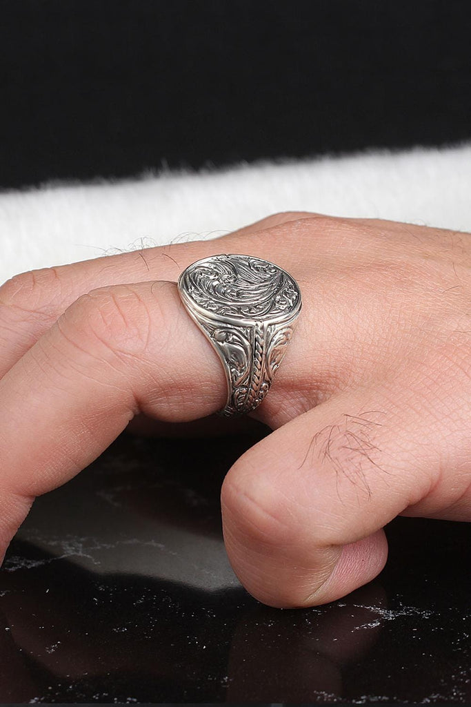 Boho Round Engraved Sterling Silver Handmade Ring for Men from Almas Collections