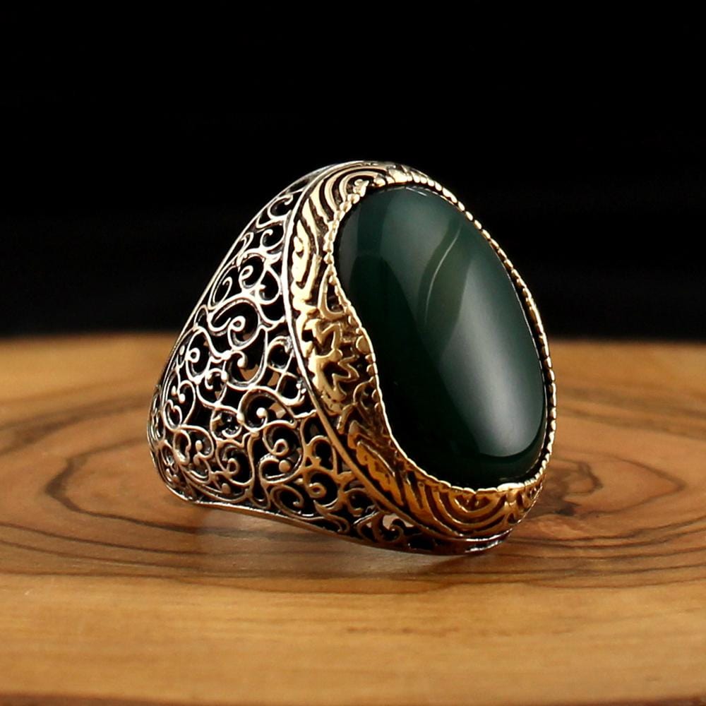 Turkish 925 Sterling Silver Green Agate Aqeeq Stone Handcrafted Rings sizes 7 to 14 from Almas Collections