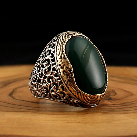 Image of Turkish 925 Sterling Silver Green Agate Aqeeq Stone Handcrafted Rings sizes 7 to 14 from Almas Collections