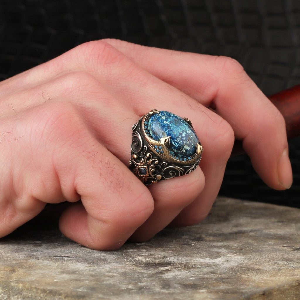 Sterling Silver Ring, Azurite Gemstone, Real Natural Stone Male Gift Accessories Jewelry in sizes 7-14 from Almas Collections