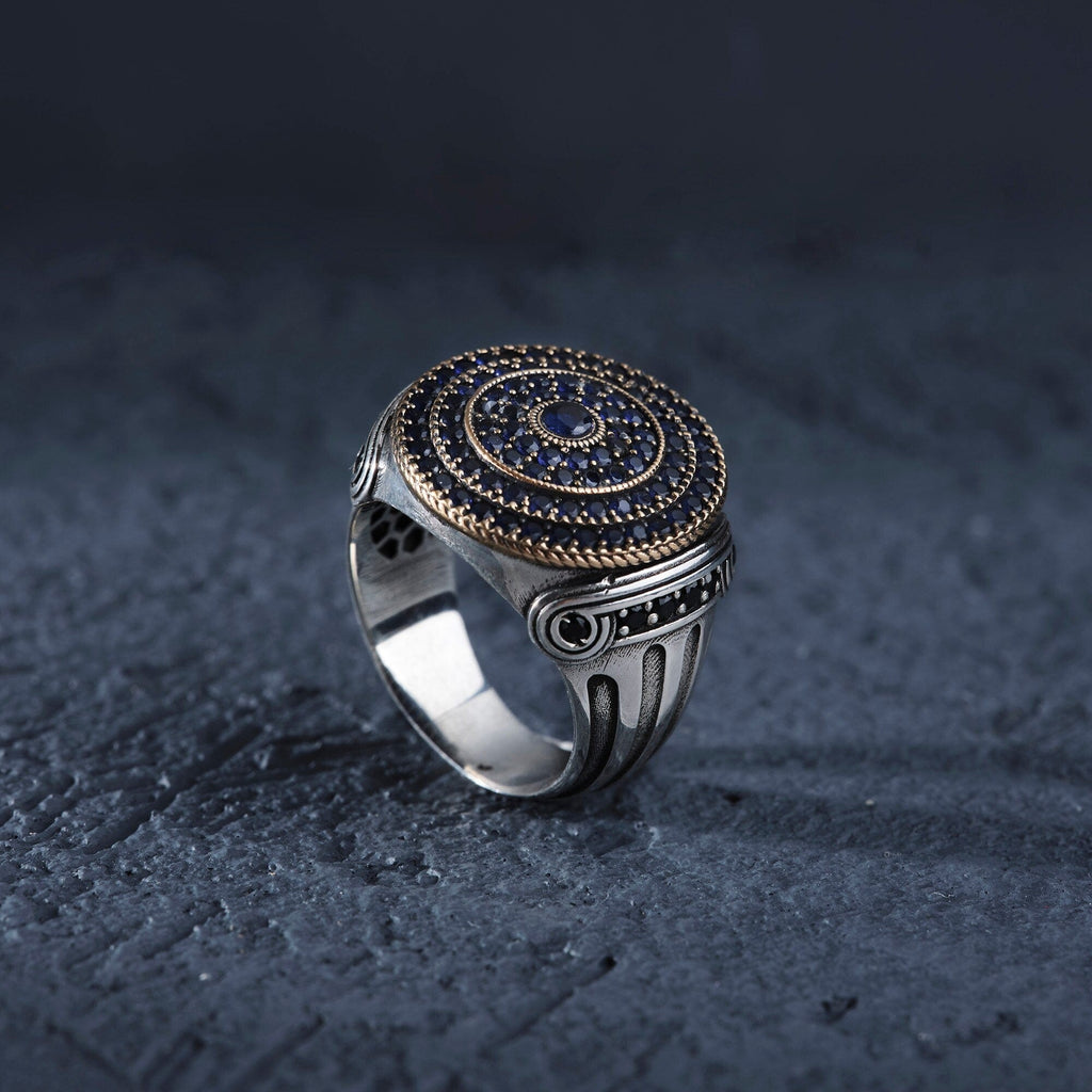 925 Sterling Silver Navy Blue Sapphire Stone Sterling Silver Ring, Column Patterned Ring, Embellished with Black Onyx Stone from Almas Collections