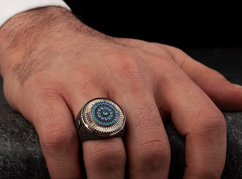 Image of Ottoman Textured Pencil 925 Sterling Silver Ring With Sandblasting Black Texture Applied Decorated With Blue Gem Stones, Blue Micro Stone Silver Ring, Fashion Rings, Blue Ring, Handmade Ring, Micro Stone Ring, Rings for Her, Rings for Him from Almas Collections