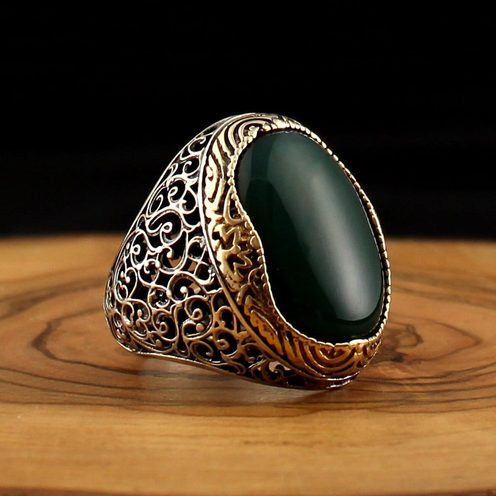 Turkish 925 Sterling Silver Green Agate Aqeeq Stone Handcrafted Rings sizes 7 to 14 from Almas Collections