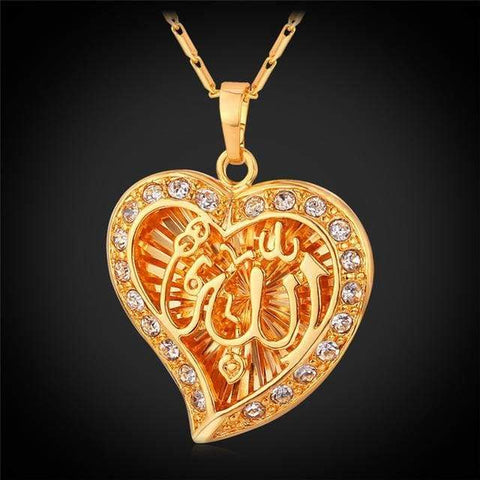 Image of Allah Heart Necklaces & Pendants Silver/Gold Color Rhinestone IS1 IS2 Almas Collections Necklace