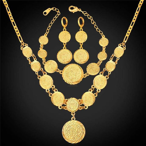 Image of Coin Necklace Bracelet Earrings Gold Colour Vintage set IS1 VAL1 Almas Collections set