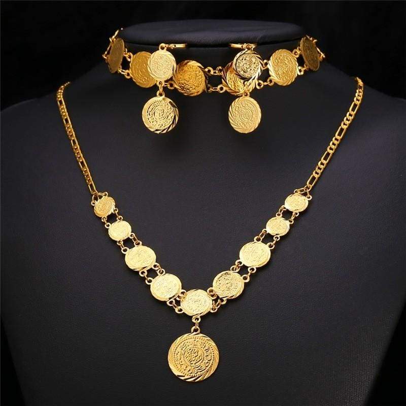 Coin Necklace Bracelet Earrings Gold Colour Vintage set IS1 VAL1 Almas Collections set