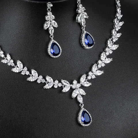 Image of Blue Teardrop and Marquise Cut CZ Crystal Necklace & Earrings Bridal Wedding Jewelry Set in Silver with blue crystal color from Almas Collections