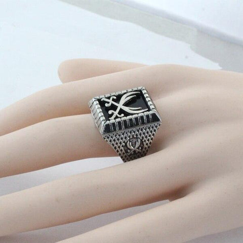 Image of Antique Silver Zulfiqar Sword of Imam Ali Ring worn by model