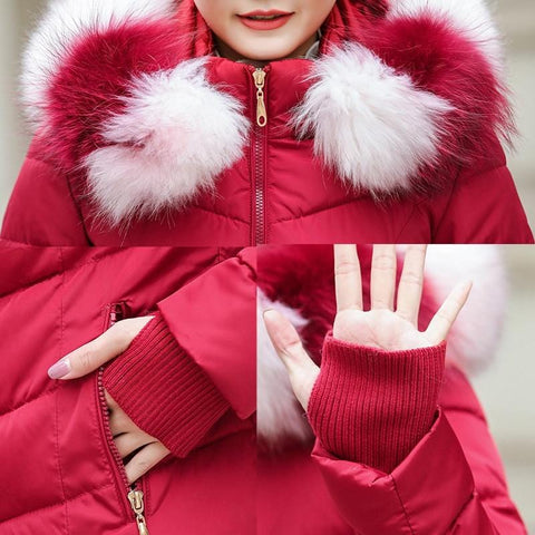 Image of New Almas Long Hooded Parkas Winter Jacket closeup view with red white stripe hood Almas Collections 