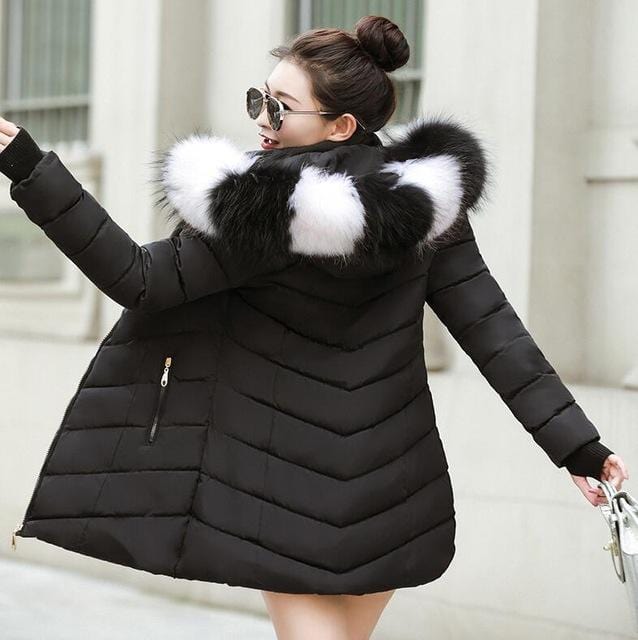 New Almas Long Hooded Parkas black Winter Jacket back view with black white stripe hood Almas Collections 