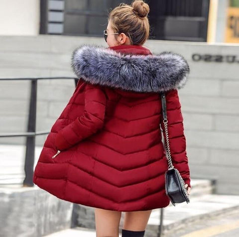 Image of New Almas Long Hooded Parkas Red Winter Jacket back view with gray hood Almas Collections 