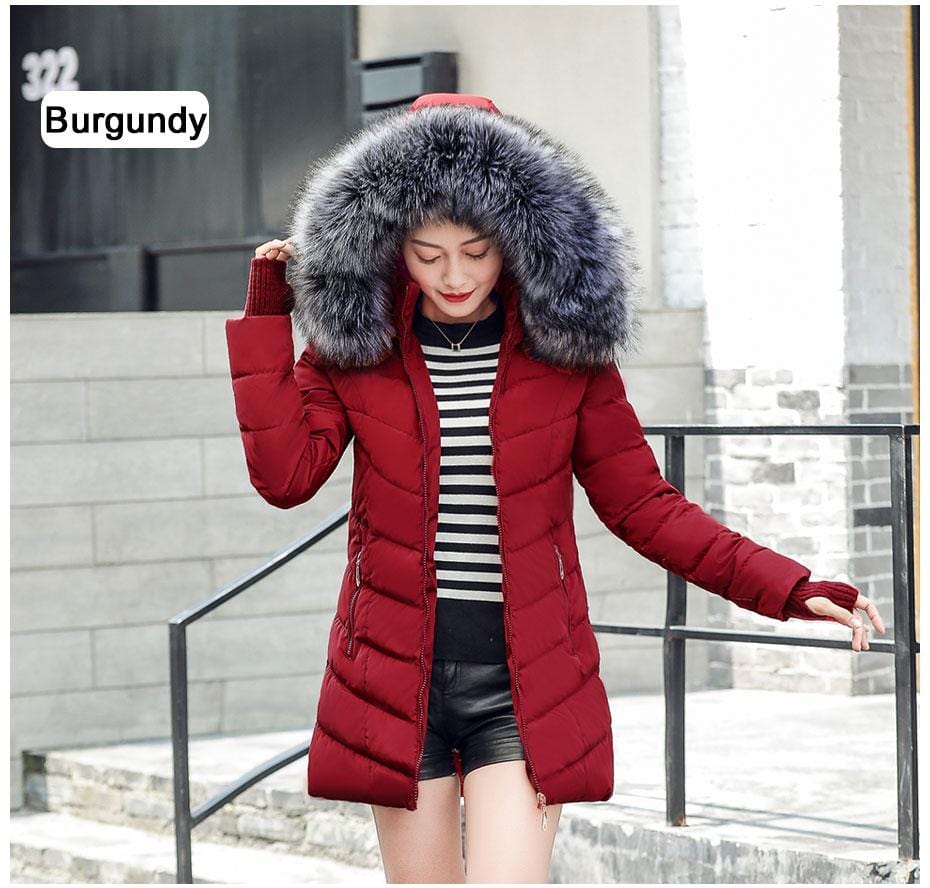 New Almas Long Hooded Parkas Red Winter Jacket front view with gray hood Almas Collections 