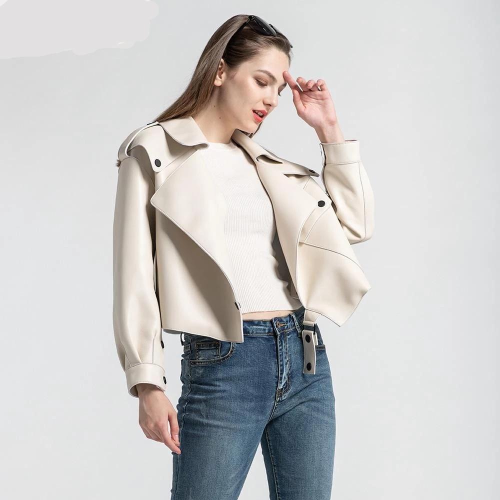 New Genuine Women Leather Jacket in White worn by model from Almas Collections